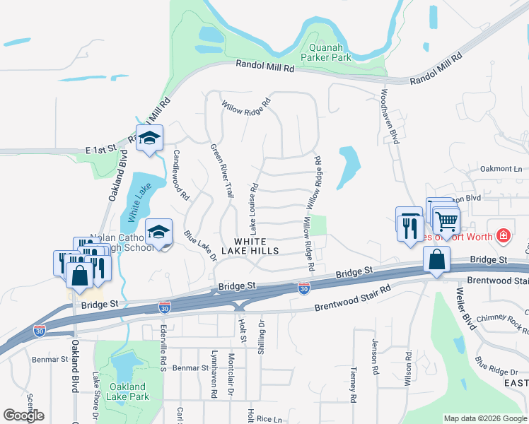 map of restaurants, bars, coffee shops, grocery stores, and more near 4917 Rock River Drive in Fort Worth