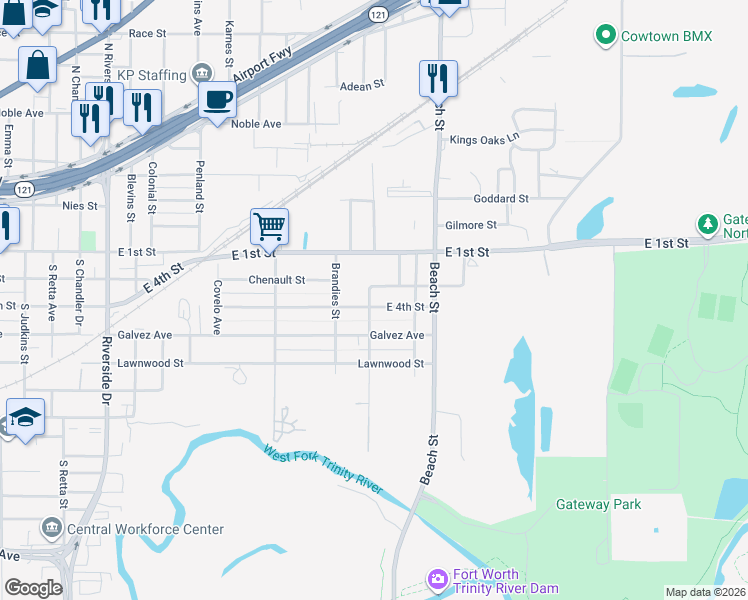 map of restaurants, bars, coffee shops, grocery stores, and more near 3908 East 4th Street in Fort Worth