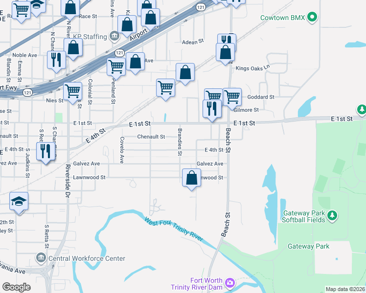map of restaurants, bars, coffee shops, grocery stores, and more near 3806 East 4th Street in Fort Worth