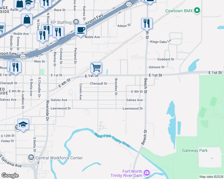 map of restaurants, bars, coffee shops, grocery stores, and more near 3732 East 4th Street in Fort Worth
