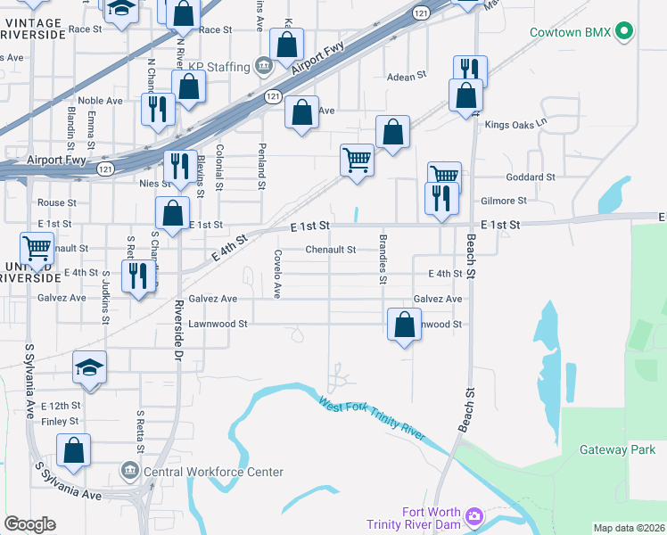 map of restaurants, bars, coffee shops, grocery stores, and more near 3700 East 4th Street in Fort Worth