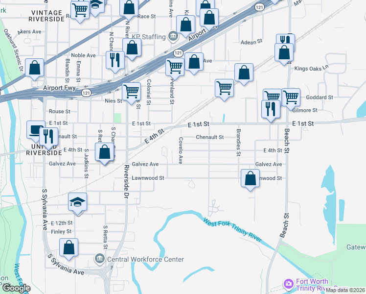 map of restaurants, bars, coffee shops, grocery stores, and more near 393 Covelo Avenue in Fort Worth