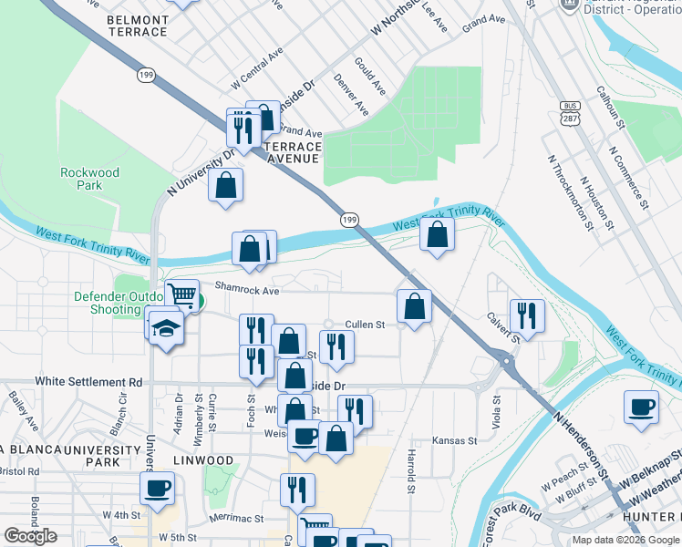 map of restaurants, bars, coffee shops, grocery stores, and more near 2401-2599 Shamrock Avenue in Fort Worth