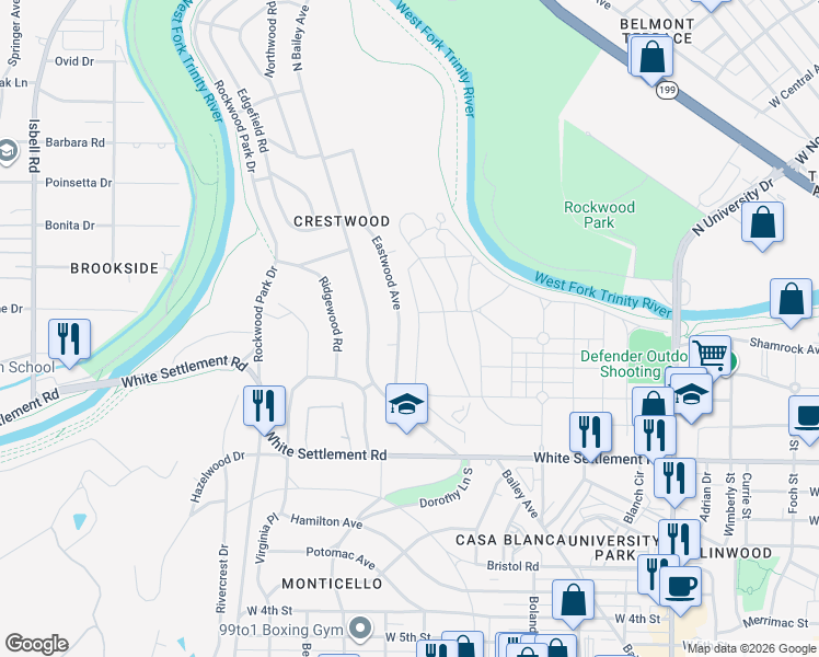 map of restaurants, bars, coffee shops, grocery stores, and more near 328 Eastwood Avenue in Fort Worth