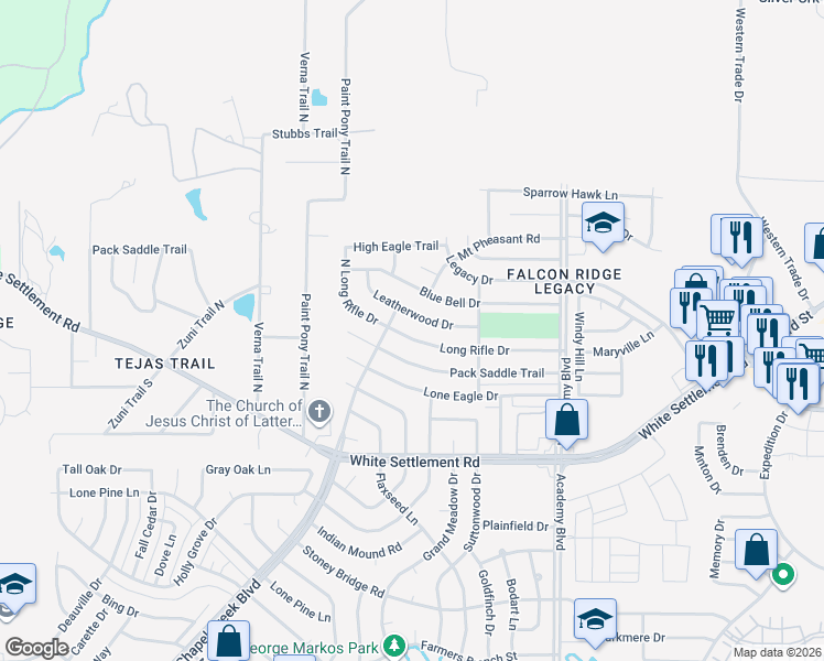 map of restaurants, bars, coffee shops, grocery stores, and more near 10121 Long Rifle Drive in Fort Worth