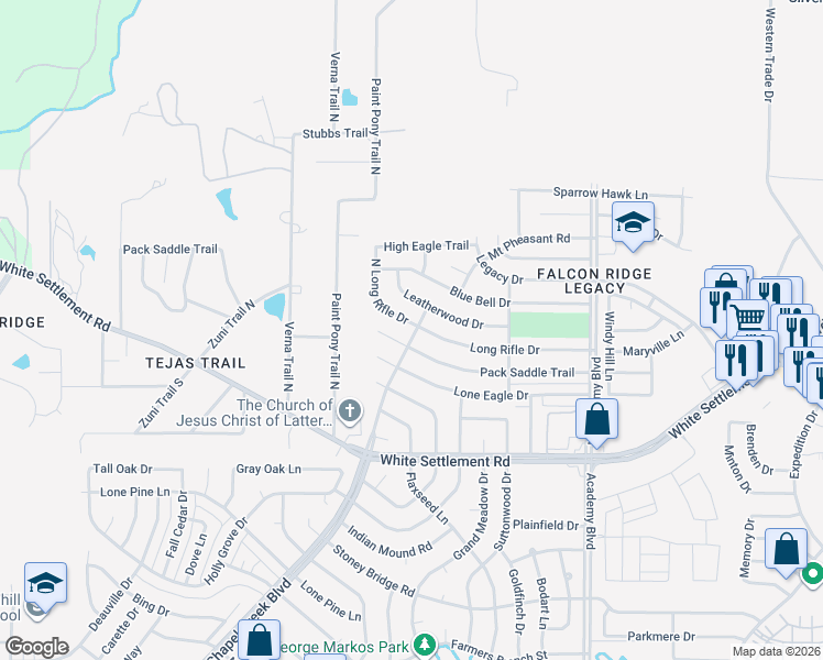 map of restaurants, bars, coffee shops, grocery stores, and more near 10205 Pack Saddle Court in Fort Worth