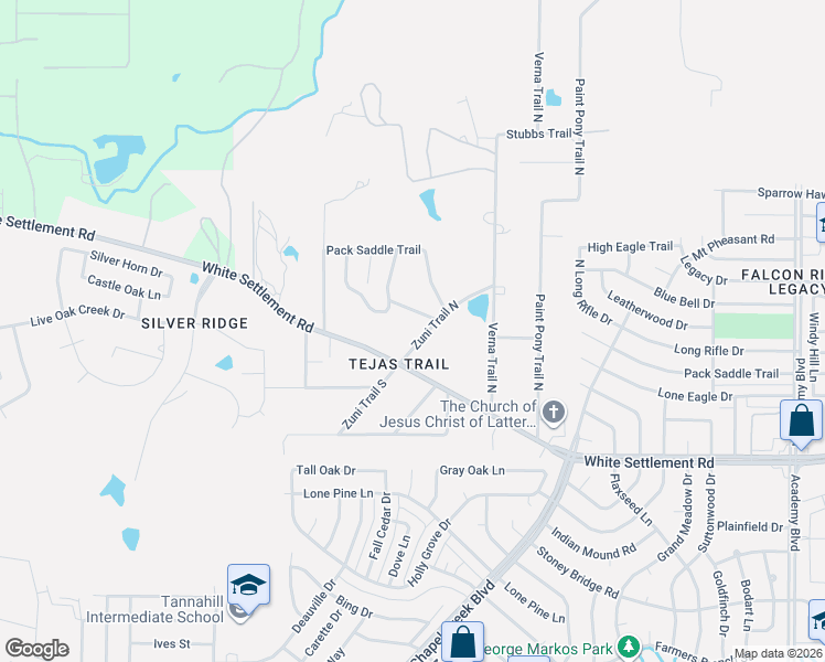 map of restaurants, bars, coffee shops, grocery stores, and more near 100 Zuni Trail North in Fort Worth