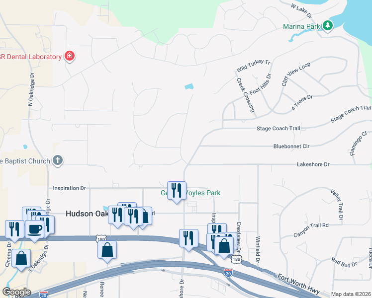 map of restaurants, bars, coffee shops, grocery stores, and more near 203 Lake Hollow Drive in Weatherford