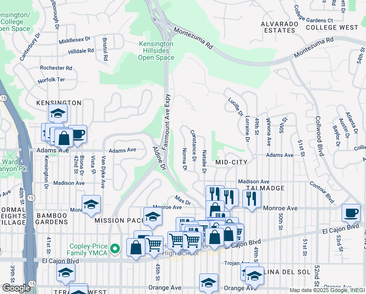 map of restaurants, bars, coffee shops, grocery stores, and more near 4706 Norma Drive in San Diego