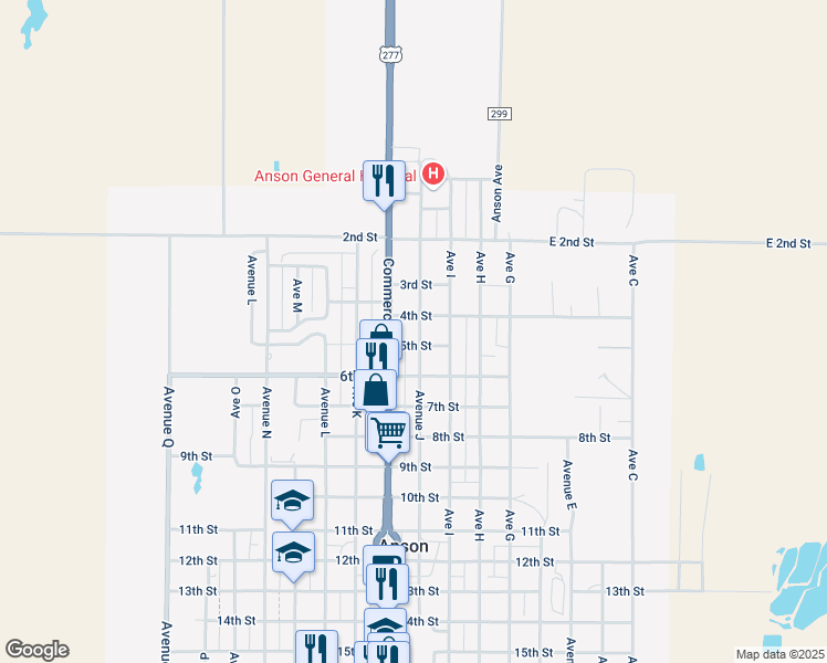 map of restaurants, bars, coffee shops, grocery stores, and more near 432 Avenue J in Anson