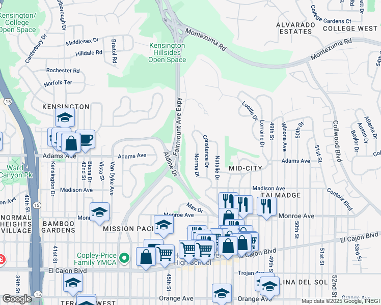 map of restaurants, bars, coffee shops, grocery stores, and more near 4706 Norma Drive in San Diego