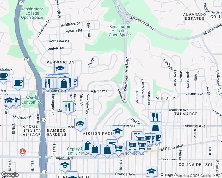 map of restaurants, bars, coffee shops, grocery stores, and more near 4386 Adams Avenue in San Diego