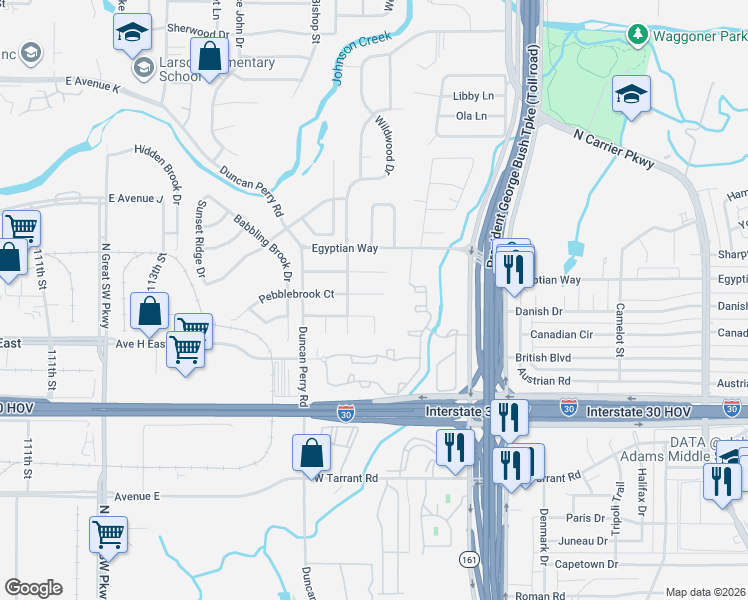 map of restaurants, bars, coffee shops, grocery stores, and more near 1518 Canterbury Court in Grand Prairie
