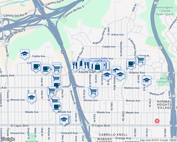 map of restaurants, bars, coffee shops, grocery stores, and more near 3211 Adams Avenue in San Diego