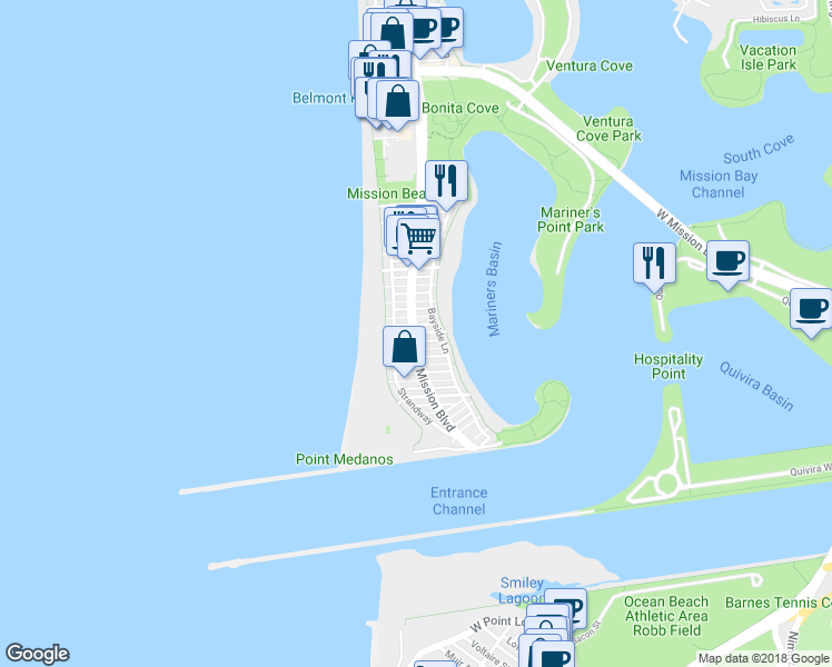 map of restaurants, bars, coffee shops, grocery stores, and more near 801 Capistrano Place in San Diego