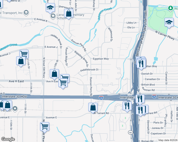 map of restaurants, bars, coffee shops, grocery stores, and more near 2420 Hidden Cove Drive in Grand Prairie