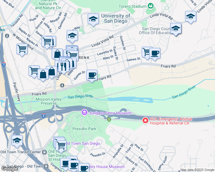 map of restaurants, bars, coffee shops, grocery stores, and more near 5605 Friars Road in San Diego