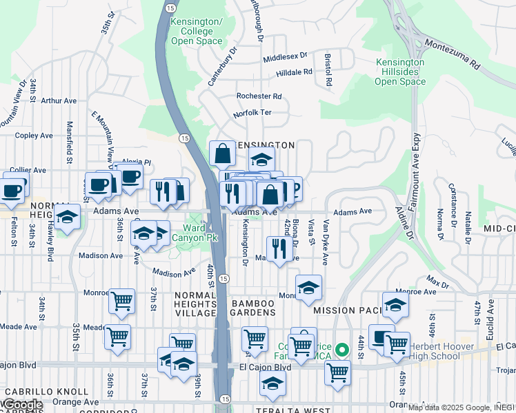 map of restaurants, bars, coffee shops, grocery stores, and more near 4134 Adams Avenue in San Diego