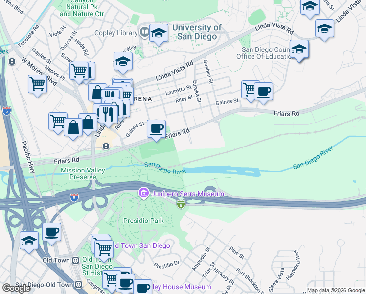 map of restaurants, bars, coffee shops, grocery stores, and more near 5605 Friars Road in San Diego