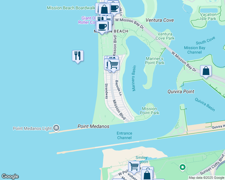 map of restaurants, bars, coffee shops, grocery stores, and more near Capistrano Place in San Diego