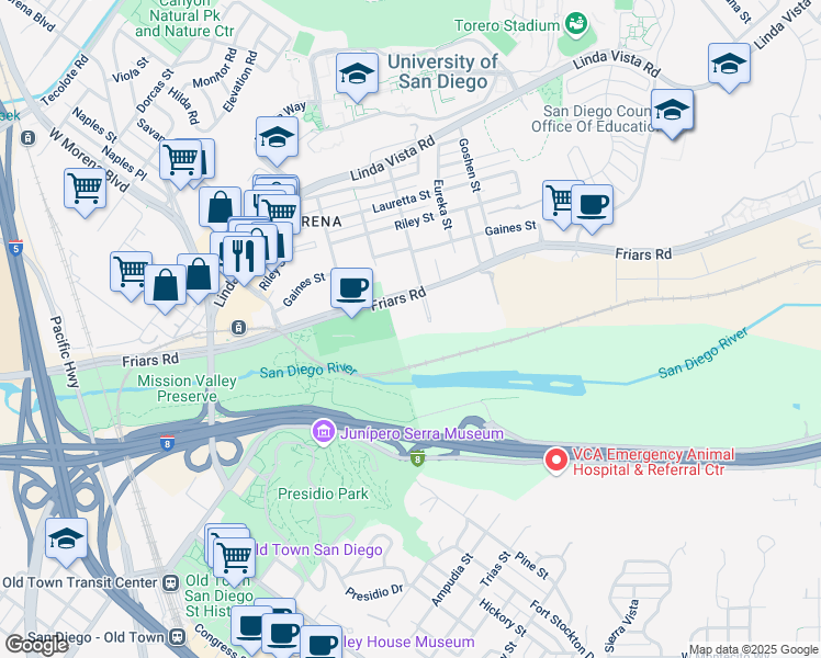map of restaurants, bars, coffee shops, grocery stores, and more near 5605 Friars Road in San Diego