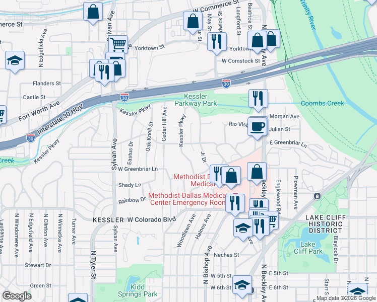 map of restaurants, bars, coffee shops, grocery stores, and more near 930 Kessler Parkway in Dallas