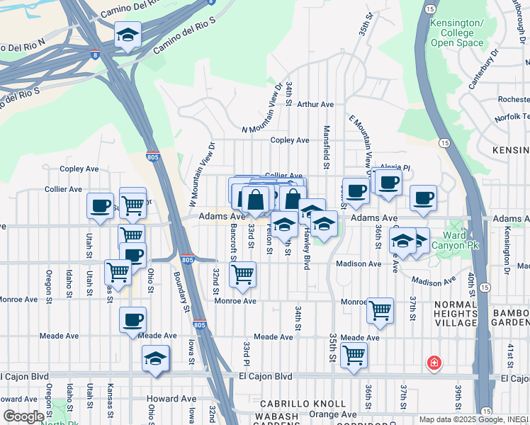 map of restaurants, bars, coffee shops, grocery stores, and more near 3332 Adams Avenue in San Diego