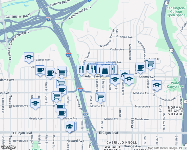 map of restaurants, bars, coffee shops, grocery stores, and more near 3211 Adams Avenue in San Diego