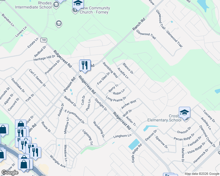 map of restaurants, bars, coffee shops, grocery stores, and more near 101 Robin Lane in Forney
