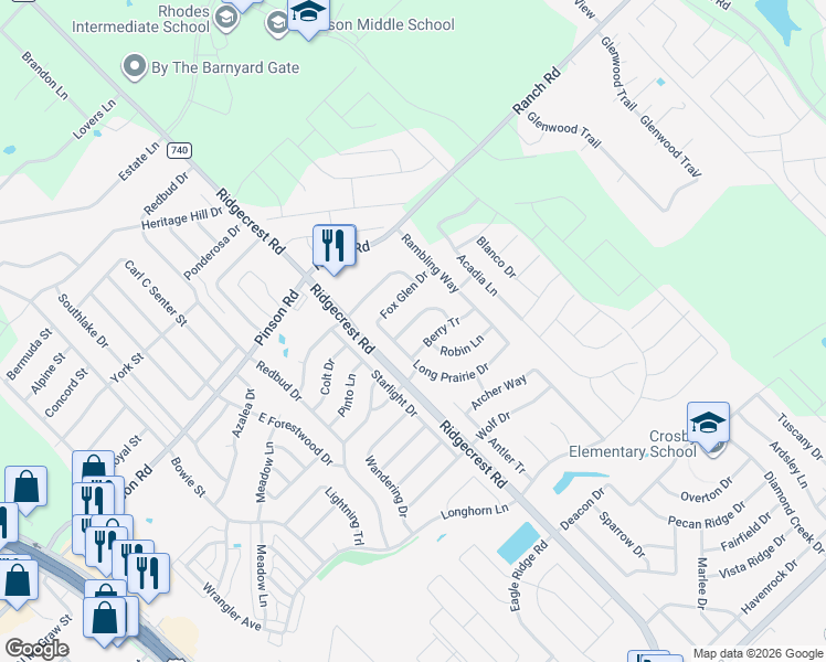map of restaurants, bars, coffee shops, grocery stores, and more near 101 Robin Lane in Forney