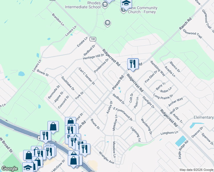 map of restaurants, bars, coffee shops, grocery stores, and more near 714 Woodcrest Way in Forney