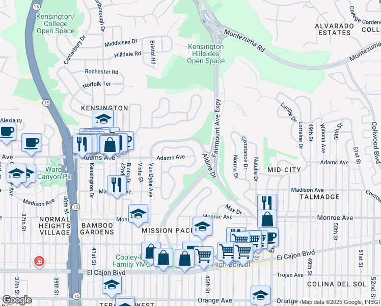 map of restaurants, bars, coffee shops, grocery stores, and more near 4386 Adams Avenue in San Diego