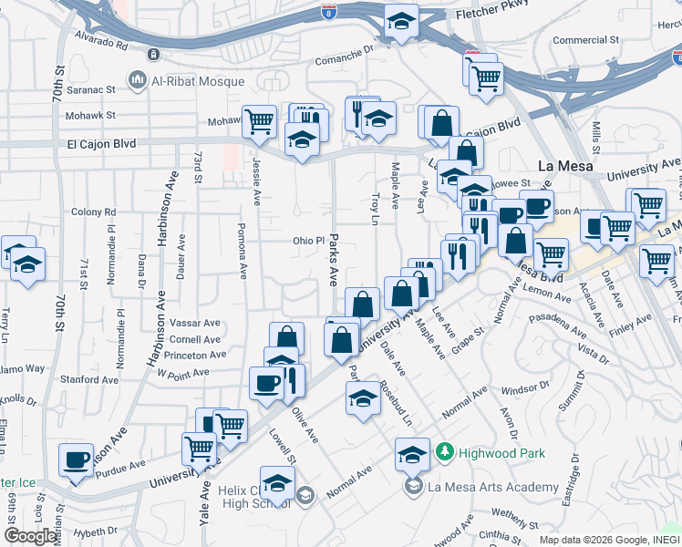 map of restaurants, bars, coffee shops, grocery stores, and more near 7646 Homewood Place in La Mesa
