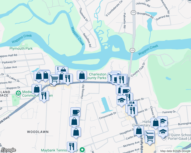 map of restaurants, bars, coffee shops, grocery stores, and more near in Charleston
