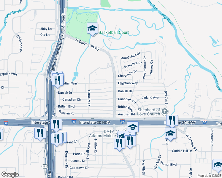 map of restaurants, bars, coffee shops, grocery stores, and more near 1001 Danish Drive in Grand Prairie