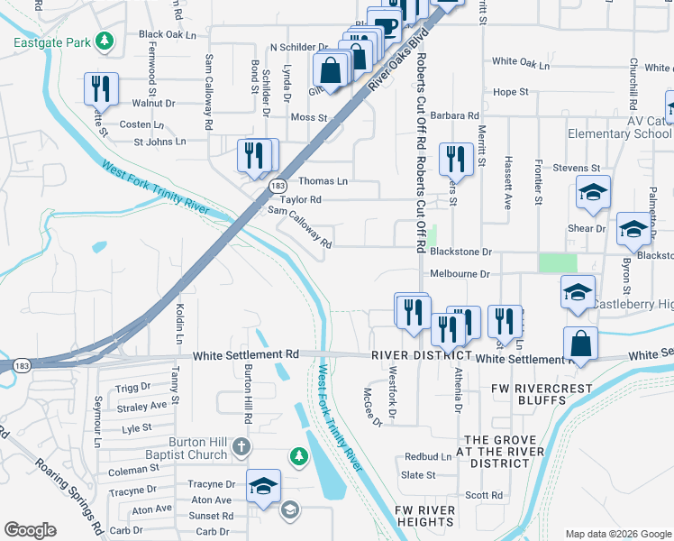 map of restaurants, bars, coffee shops, grocery stores, and more near 5533 Red Cardinal Lane in Fort Worth