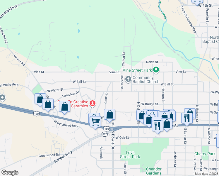 map of restaurants, bars, coffee shops, grocery stores, and more near 308 Case Street in Weatherford