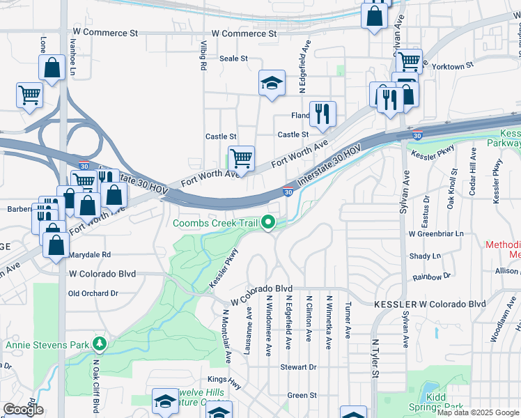 map of restaurants, bars, coffee shops, grocery stores, and more near 2121 Kessler Court in Dallas