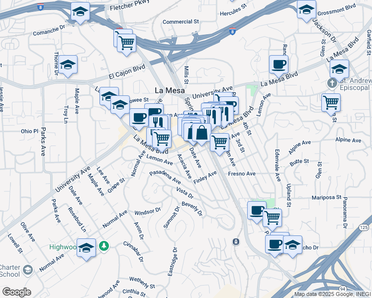 map of restaurants, bars, coffee shops, grocery stores, and more near 4670 Date Avenue in La Mesa