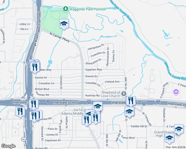map of restaurants, bars, coffee shops, grocery stores, and more near 913 Danish Drive in Grand Prairie