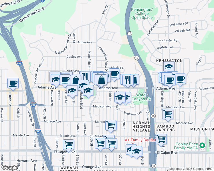 map of restaurants, bars, coffee shops, grocery stores, and more near 3580 Adams Avenue in San Diego
