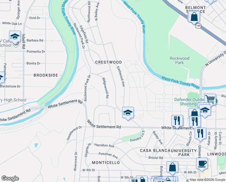 map of restaurants, bars, coffee shops, grocery stores, and more near 316 Ridgewood Road in Fort Worth