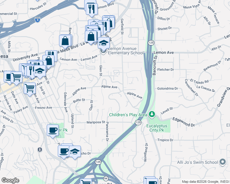 map of restaurants, bars, coffee shops, grocery stores, and more near 4636 Panorama Drive in La Mesa
