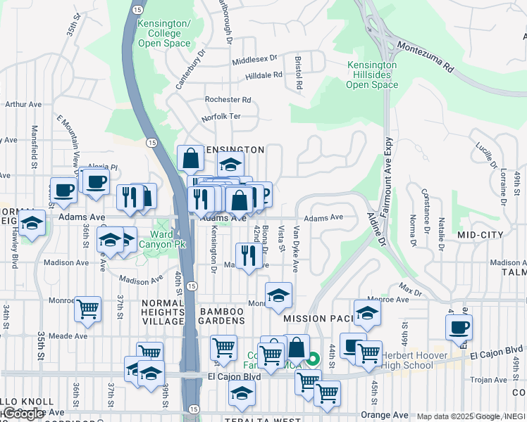 map of restaurants, bars, coffee shops, grocery stores, and more near 4193 Adams Avenue in San Diego