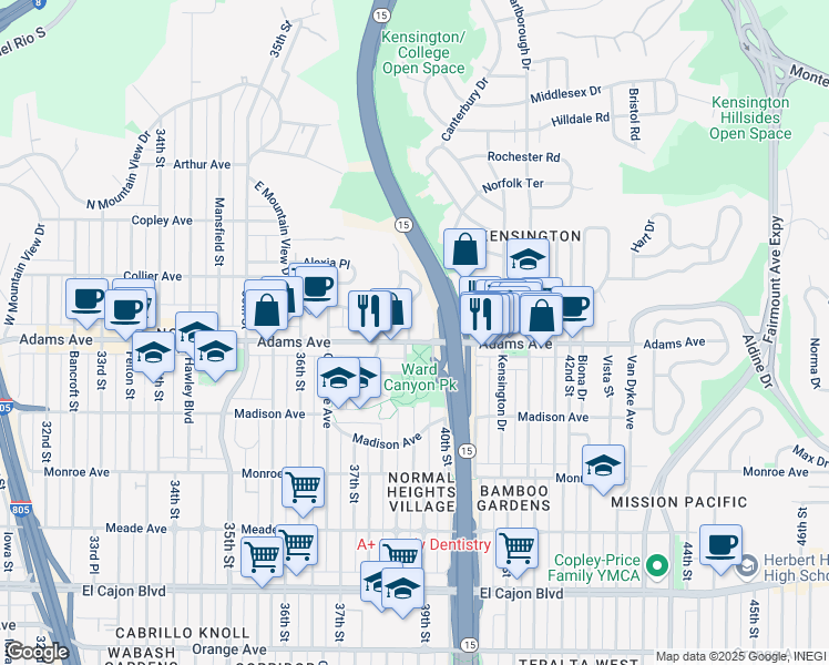 map of restaurants, bars, coffee shops, grocery stores, and more near 3905 39th Street in San Diego