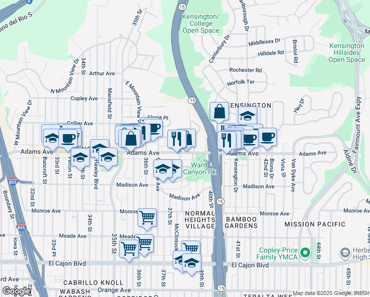 map of restaurants, bars, coffee shops, grocery stores, and more near 4688 East Mountain View Drive in San Diego