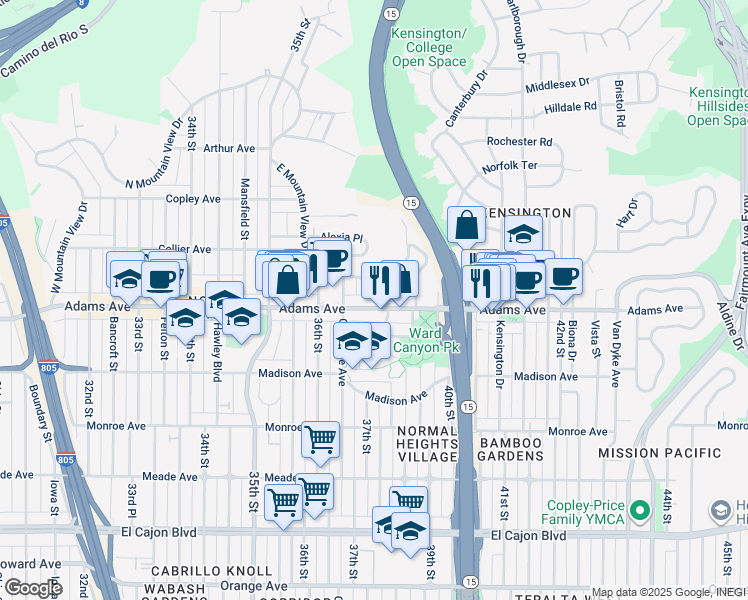 map of restaurants, bars, coffee shops, grocery stores, and more near 4688 East Mountain View Drive in San Diego
