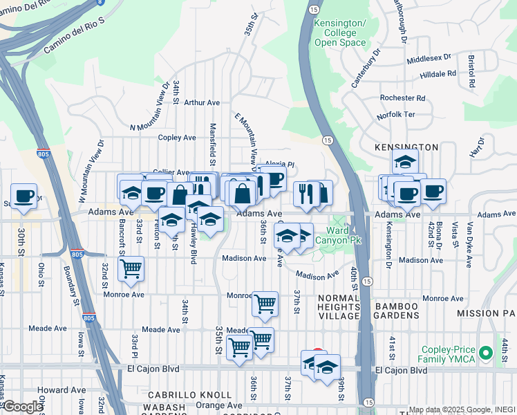 map of restaurants, bars, coffee shops, grocery stores, and more near 3585 Adams Avenue in San Diego
