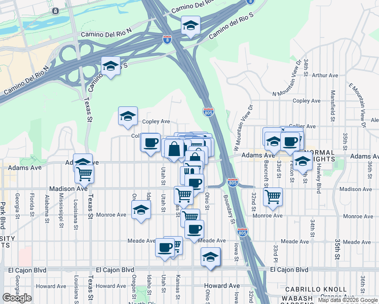 map of restaurants, bars, coffee shops, grocery stores, and more near in San Diego