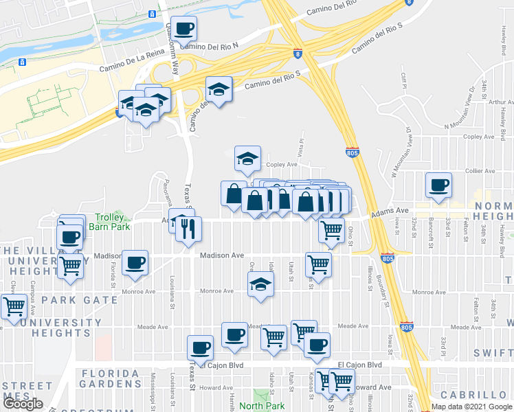 map of restaurants, bars, coffee shops, grocery stores, and more near 2700 Adams Avenue in San Diego